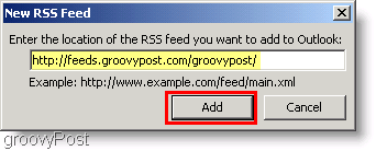 Ekrānuzņēmums Microsoft Outlook 2007 - ierakstiet jaunu RSS plūsmu