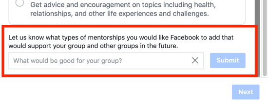 Kā uzlabot savu Facebook grupas kopienu, iespēja ieteikt grupai grupas mentoringa kategorijas opciju