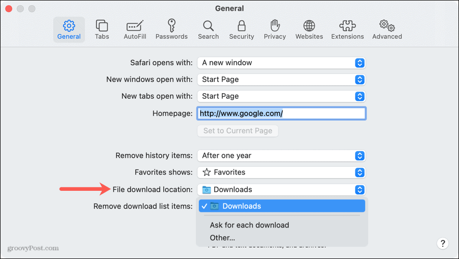 Faila lejupielādes atrašanās vieta Safari operētājsistēmā Mac