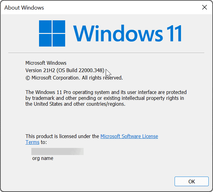 Versija un Windows 11 izveide, izmantojot komandu winver