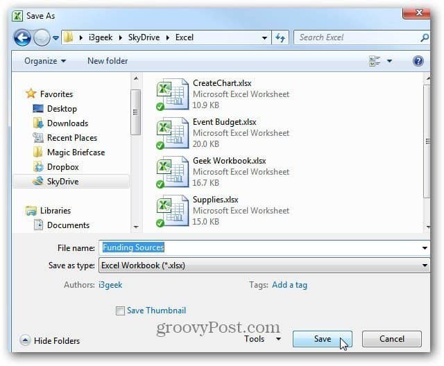 Saglabājiet Excel dokumentu SkyDrive