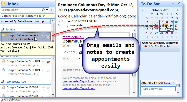 Outlook 2007 uzdevumu josla — velciet e-pastu uz kalendāru
