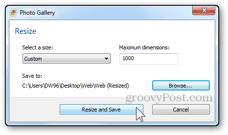 foto izmēru maiņa apmācība Windows Live foto galerija mainīt izmēru un saglabāt pogu pēdējais solis apdare