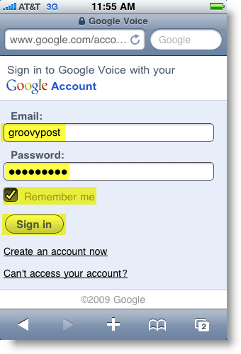 Google Voice mobilās pieteikšanās lapa