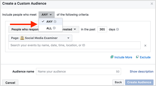 Facebook Ads Manager izveido pielāgotu auditoriju, pamatojoties uz iesaistīšanos pasākumā