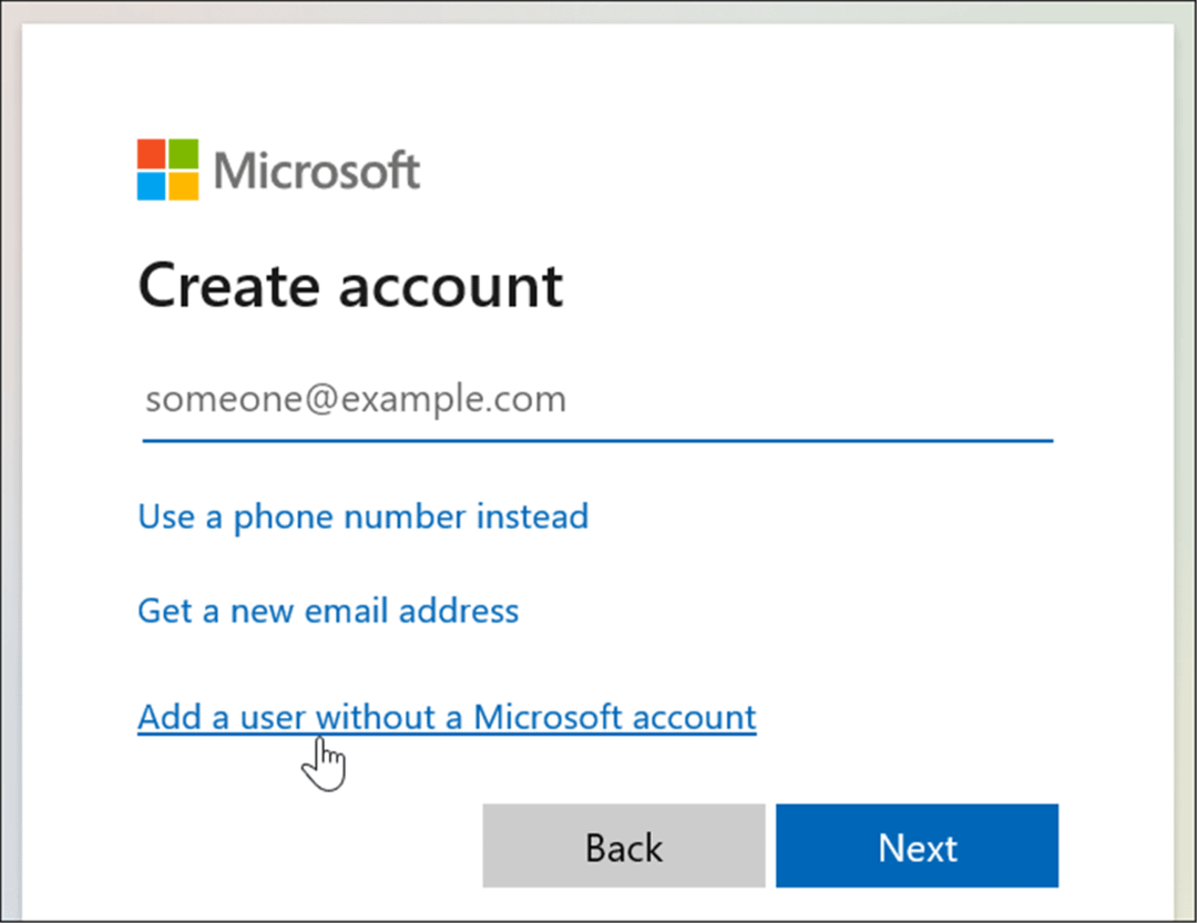 pievienot lietotāju bez Microsoft konta