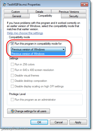 kā apskatīt Windows 7 msi faila saderības informāciju