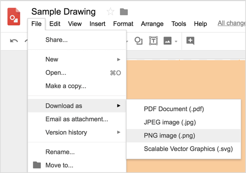 Izvēlieties Fails> Lejupielādēt kā> PNG attēls (.png), lai lejupielādētu Google zīmējumu dizainu.