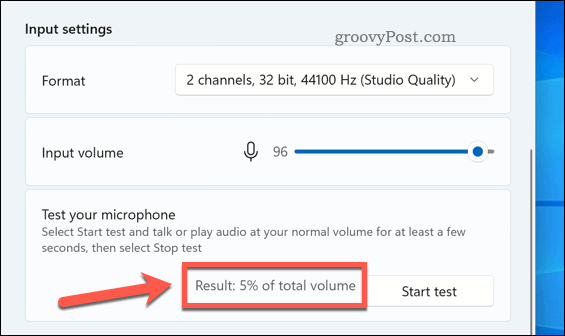 Rezultātu procents no mikrofona pārbaudes operētājsistēmā Windows 11