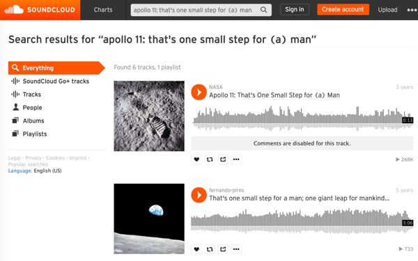 Meklējiet NASA multivides failus vietnē SoundCloud, lai atrastu un lejupielādētu tādu ikonisku vēsturisku mirkļu audio kā pirmā pastaiga uz Mēness.