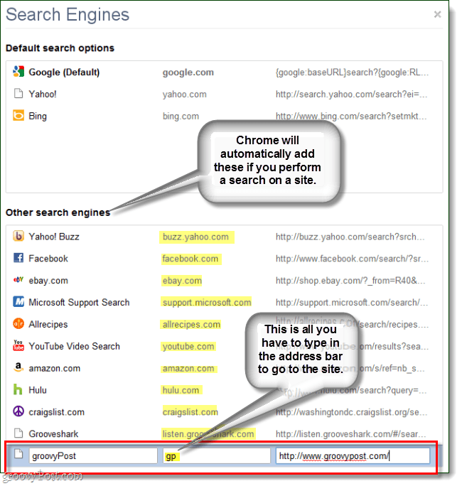 chrome automātiski ģenerē citas meklētājprogrammas, bet jūs varat ievadīt savu