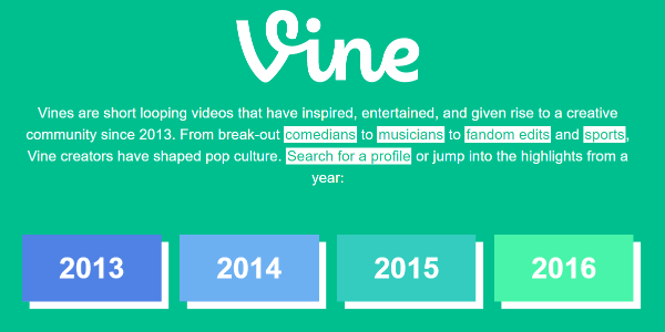 Twitter klusi Vine vietnē klusi izvērsa Vine Archive no 2013. līdz 2016. gadam.