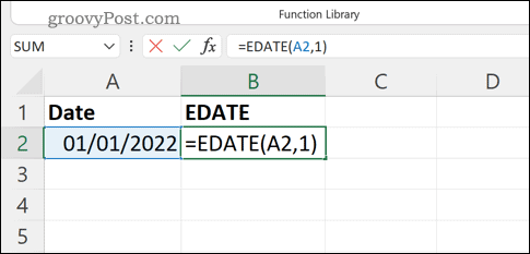 EDATE formulas ierakstīšana programmas Excel formulas joslā
