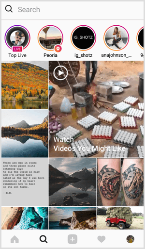 Instagram Live vietnē cilne Meklēšana un izpēte