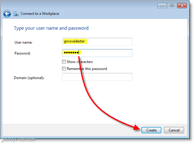 ierakstiet savu lietotājvārdu un paroli un pēc tam izveidojiet savienojumu sistēmā Windows 7