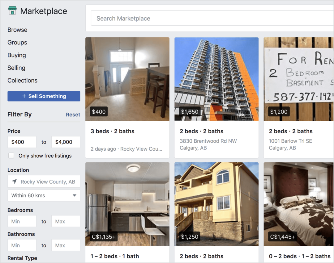 Facebook Marketplace piedāvā pārdošanā īres īpašumus.
