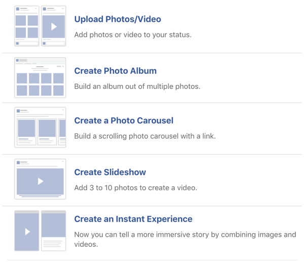 Facebook attēlu un video ievietošanas iespēju piemērs.