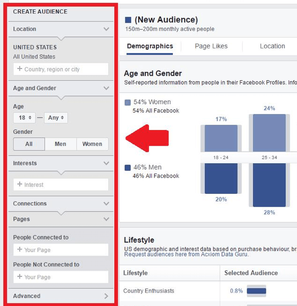 Dodieties uz Facebook auditorijas ieskatu sadaļu Izveidot auditoriju.