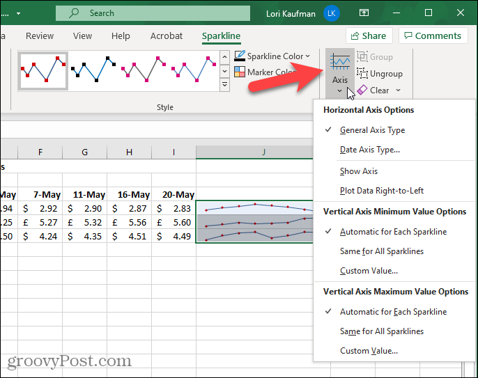 Poga Ass cilnē Sparkline programmā Excel