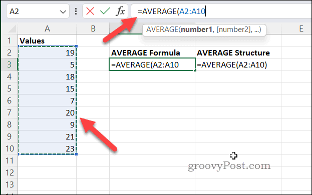 Formulas izveide programmā Excel, izmantojot AVERAGE