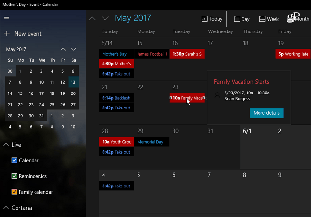 Lietotne Windows 10 kalendārs