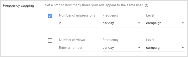 Google AdWords kampaņas rādīšanas biežuma noteikšanas iestatījumi.