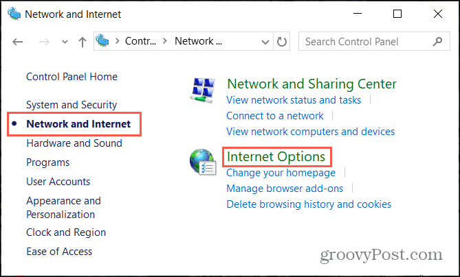 Tīkla interneta opcijas Windows vadības panelī