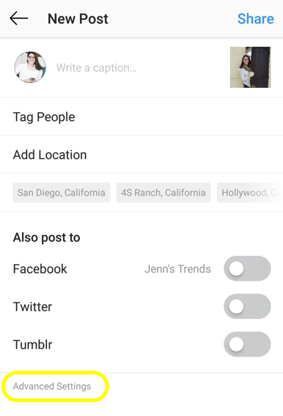 Kā pievienot alternatīvo tekstu Instagram ziņām, 1. darbība, jauna instagram post papildu iestatīšanas opcija