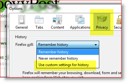 Firefox - izmantojiet pielāgotos vēstures iestatījumus