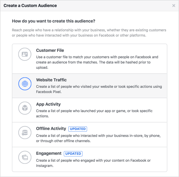 Izveidojiet Facebook pielāgotu auditoriju, pamatojoties uz jūsu vietnes trafiku.