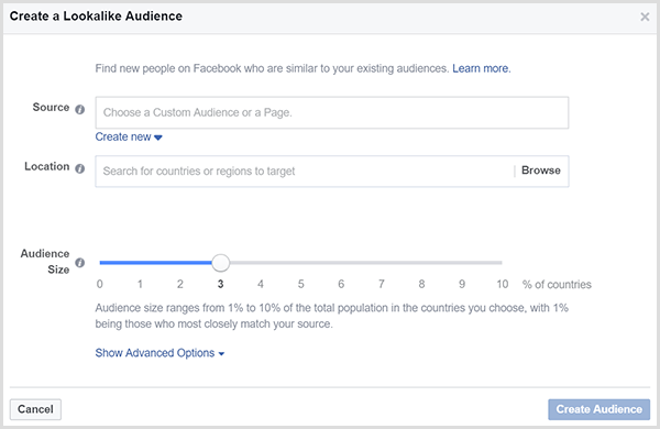 Dialoglodziņā Facebook Izveidot līdzīgu auditoriju ir slīdnis Mērķauditorijas lielums.