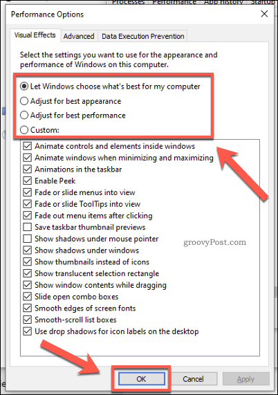 Windows veiktspējas opciju izvēlne