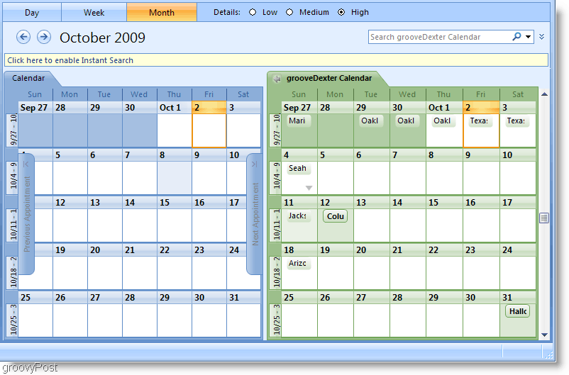 Outlook 2007 Side-by-side kalendāra ekrānuzņēmums