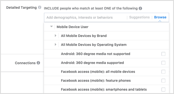 Facebook reklāmas mērķauditorija mobilās ierīces lietotājam