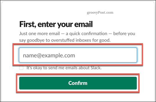 Sūtīt e-pastu, lai izveidotu Slack kontu