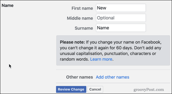 Pārskatiet Facebook nosaukuma izmaiņas