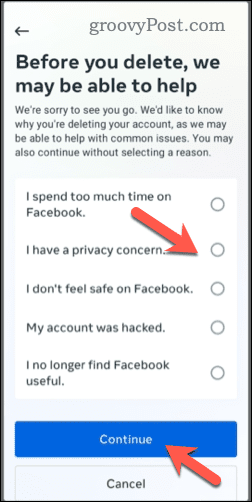 Izvēle dzēst Facebook kontu mobilajā ierīcē