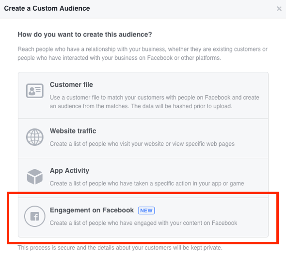Atlasiet Iesaistīšanās pakalpojumā Facebook kā izveidotās pielāgotās auditorijas veidu.