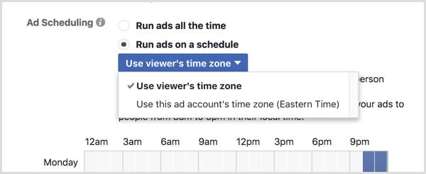 Facebook kampaņai izvēlieties opciju Izmantot skatītāja laika joslu.