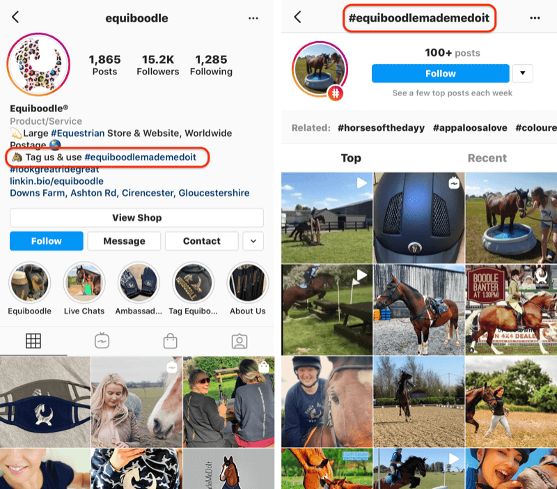 zīmola hashtag un CTA piemērs UGC vietnē Instagram biznesa bio