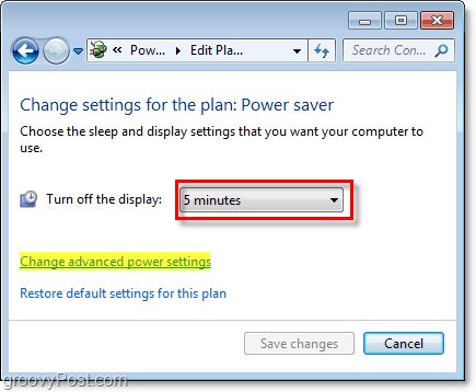 rediģējiet Windows 7 enerģijas taupīšanas plāna pamata iestatījumus un noklikšķiniet uz papildu saiti, lai rediģētu uzlabotos