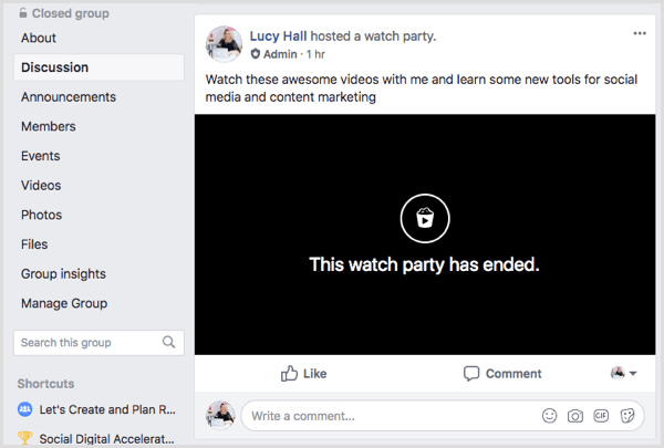 Facebook skatīšanās ballītes ieraksts grupas plūsmā.