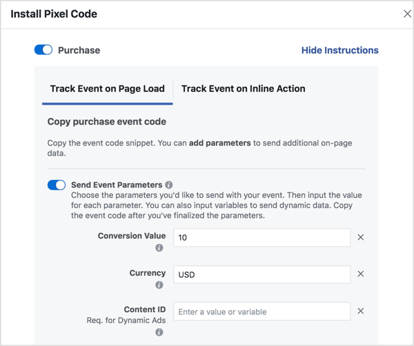 Iestatiet parametrus, lai ģenerētu nepieciešamo Facebook notikuma kodu.
