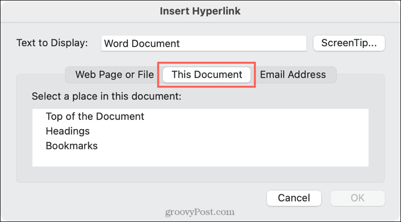 Saite uz dokumenta atrašanās vietu programmā Word Mac datorā