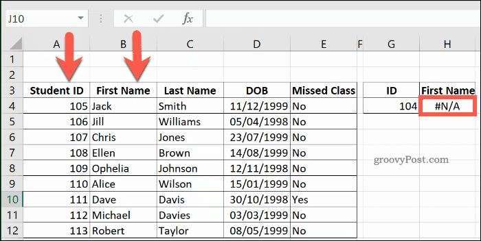 VLOOKUP atgriež NA kļūdu programmā Excel