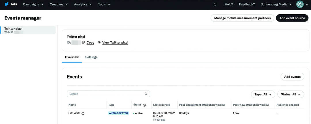 kā-verificēt-jūsu-twitter-pixel-events-manager-overview-tab-automatically-creates-two-default-events-site-visits-and-maning-page-views-example-6
