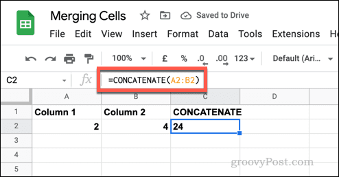 Vienkāršas CONCATENATE formulas piemērs pakalpojumā Google izklājlapas