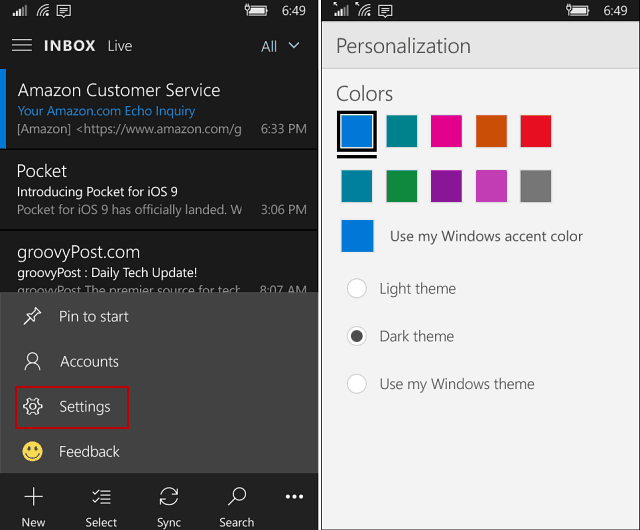 Outlook Mail un kalendāra lietotne operētājsistēmā Windows 10 Mobile Gains Dark Theme