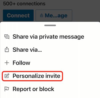 linkedin mobilais profils vairāk... izvēlne ar iezīmi “personalizēt ielūgumu”