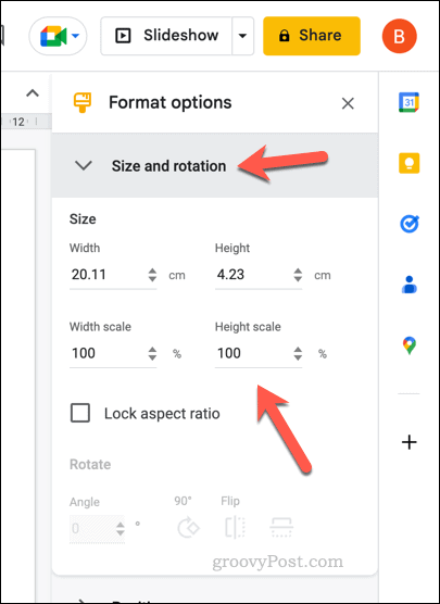 Google prezentāciju tabulas izmēru opcijas